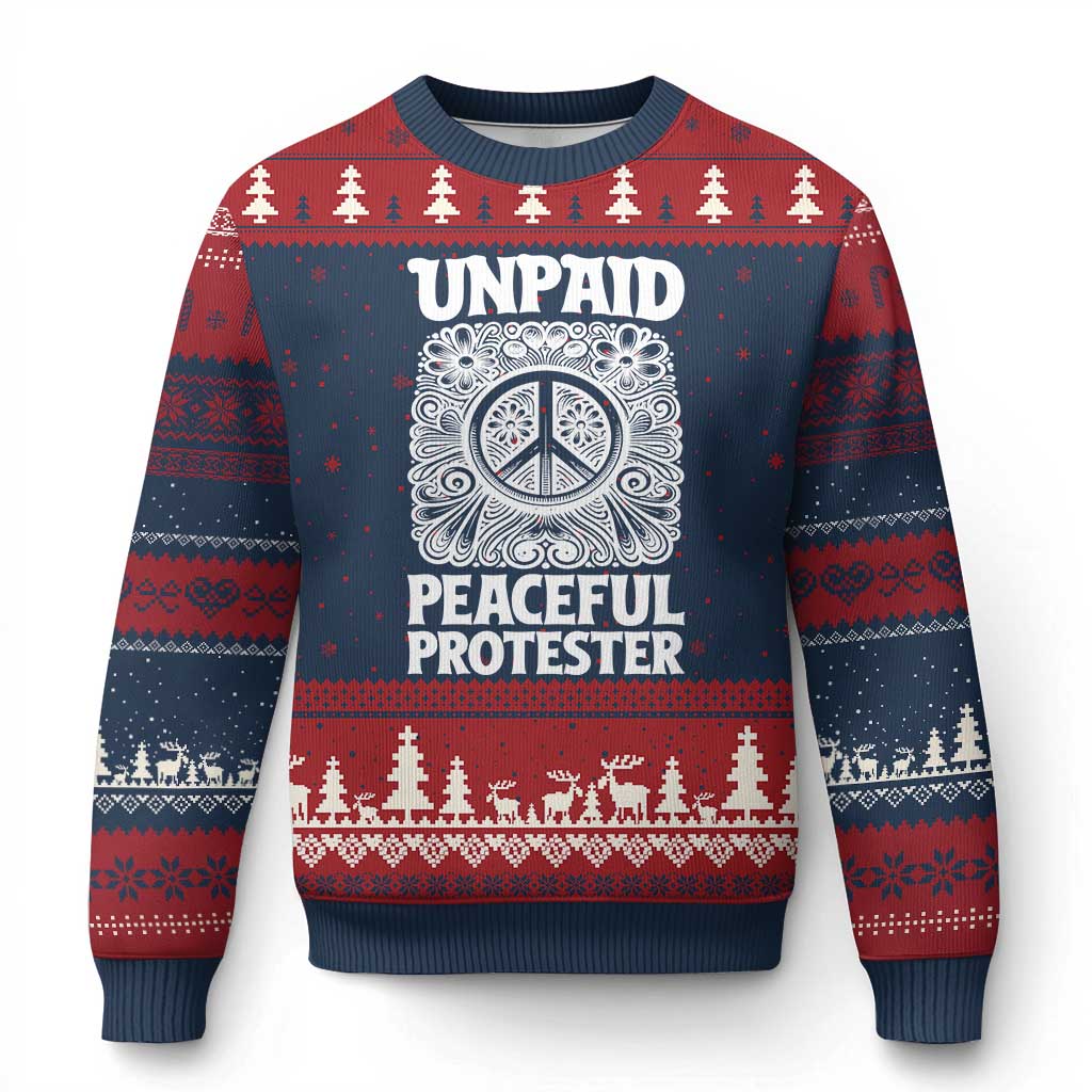 Unpaid Peaceful Protester Vintage Floral Peace Ugly Christmas Sweater Hippie Style Activist Retro Anti War Boho Protest TS02 Navy Red Print Your Wear