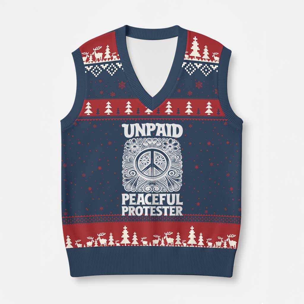 Unpaid Peaceful Protester Vintage Floral Peace V-Neck Knit Sweater Vest Hippie Style Activist Retro Anti War Boho Protest TS02 Navy Red Print Your Wear