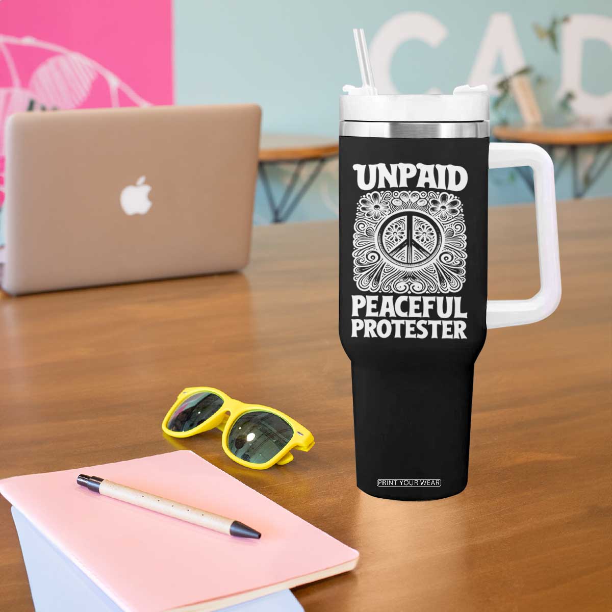 Unpaid Peaceful Protester Vintage Floral Peace Tumbler With Handle Hippie Style Activist Retro Anti War Boho Protest TS02 Print Your Wear