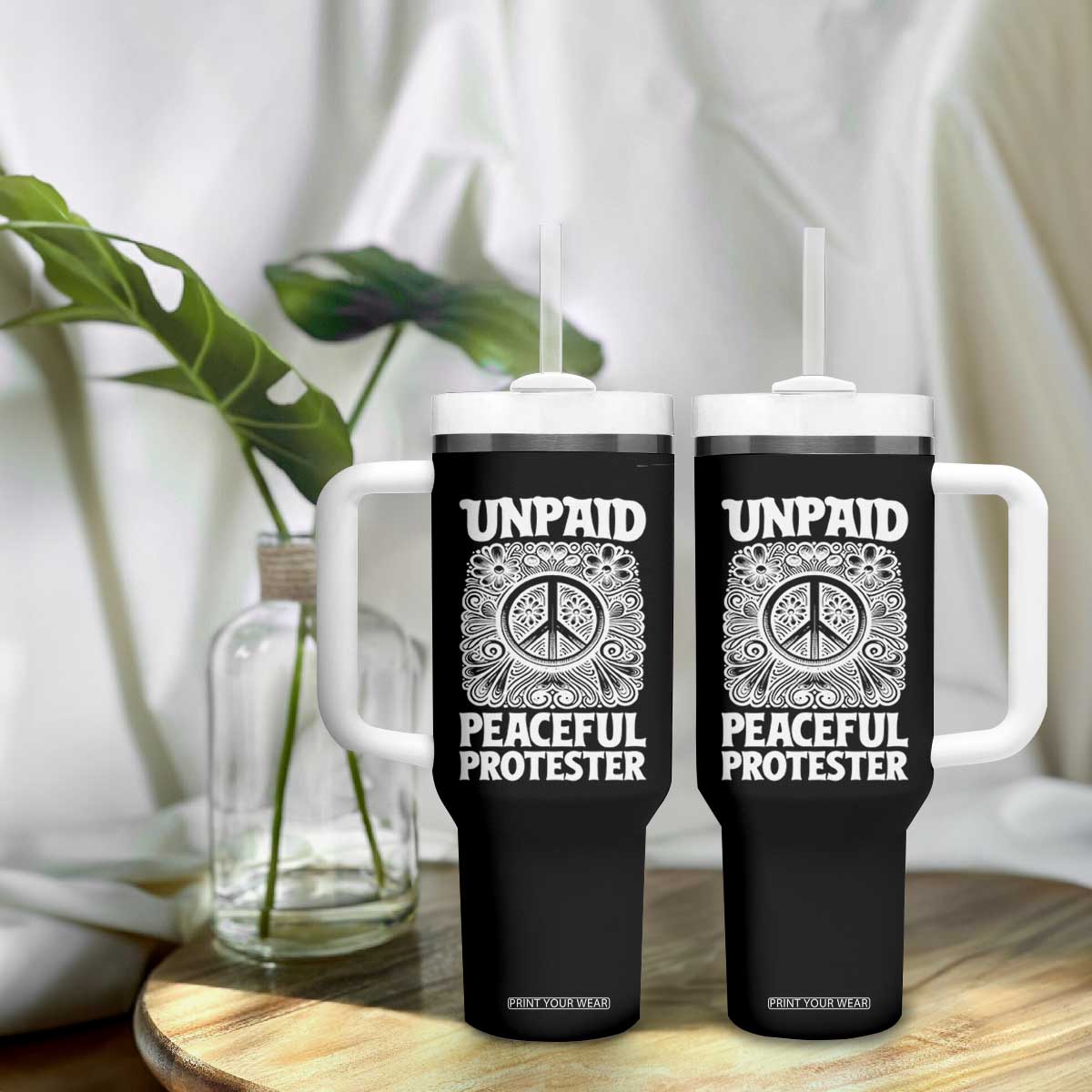 Unpaid Peaceful Protester Vintage Floral Peace Tumbler With Handle Hippie Style Activist Retro Anti War Boho Protest TS02 Print Your Wear