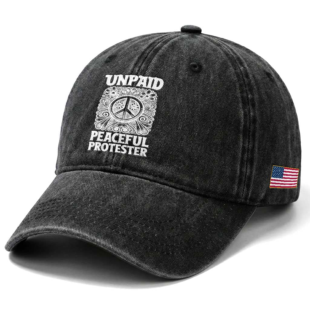 Unpaid Peaceful Protester Vintage Floral Peace Washed Cotton Baseball Cap Hippie Style Activist Retro Anti War Boho Protest TS02 Print Your Wear