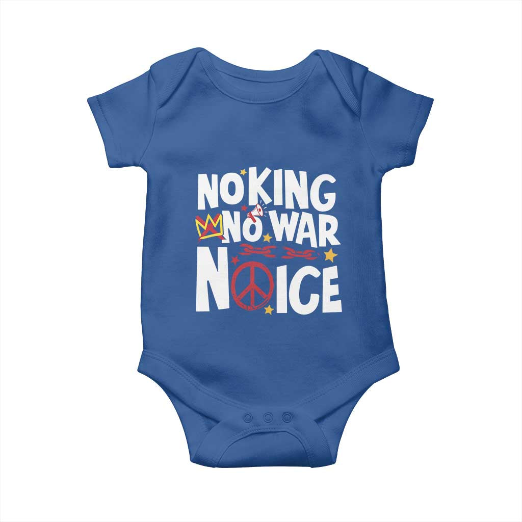 No Kings No Wars No Ice Bold Typography Baby Onesie Peace Symbol Anti War Activist Human Rights TS02 Royal Blue Print Your Wear