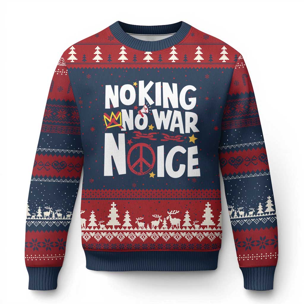 No Kings No Wars No Ice Bold Typography Ugly Christmas Sweater Peace Symbol Anti War Activist Human Rights TS02 Navy Red Print Your Wear