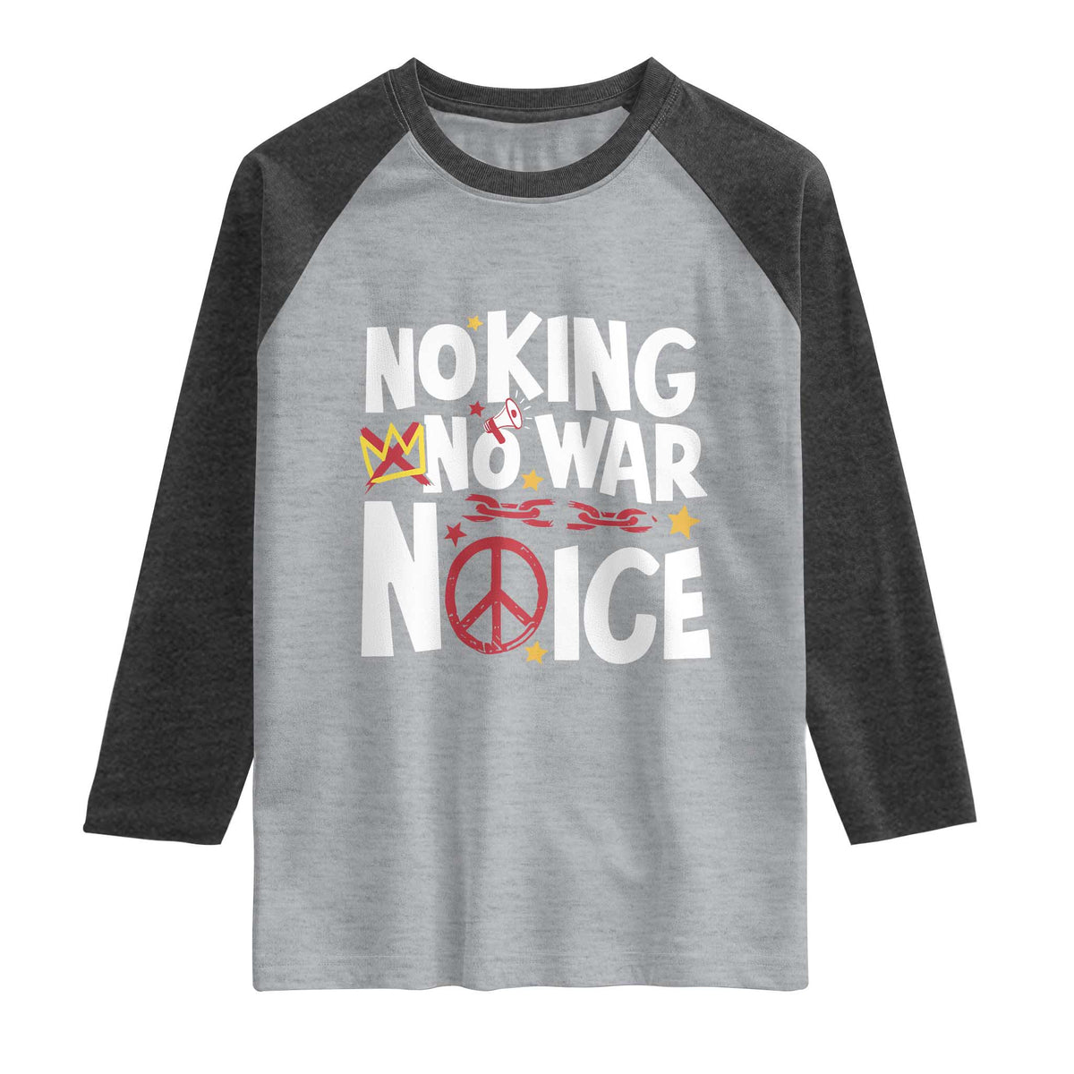 No Kings No Wars No Ice Bold Typography Raglan Shirt Peace Symbol Anti War Activist Human Rights TS02 Heather Gray Heather Charcoal Print Your Wear