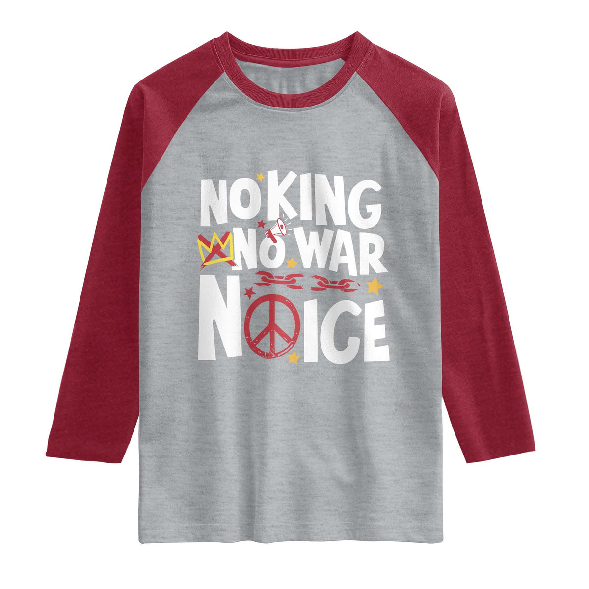 No Kings No Wars No Ice Bold Typography Raglan Shirt Peace Symbol Anti War Activist Human Rights TS02 Heather Gray Heather Red Print Your Wear