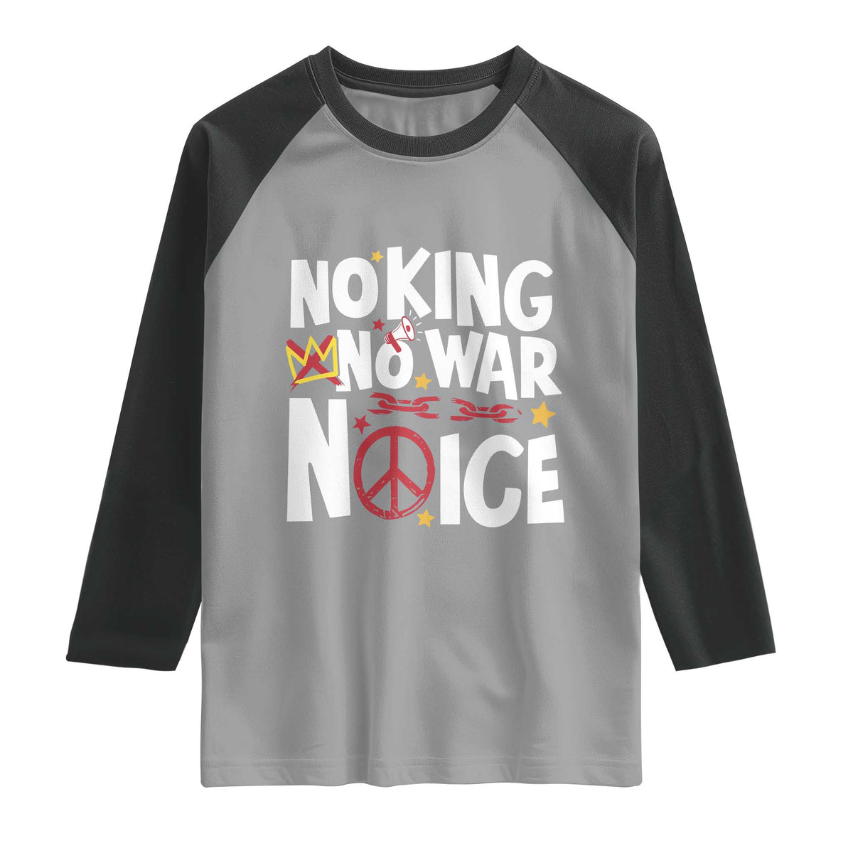 No Kings No Wars No Ice Bold Typography Raglan Shirt Peace Symbol Anti War Activist Human Rights TS02 Sport Gray Black Print Your Wear