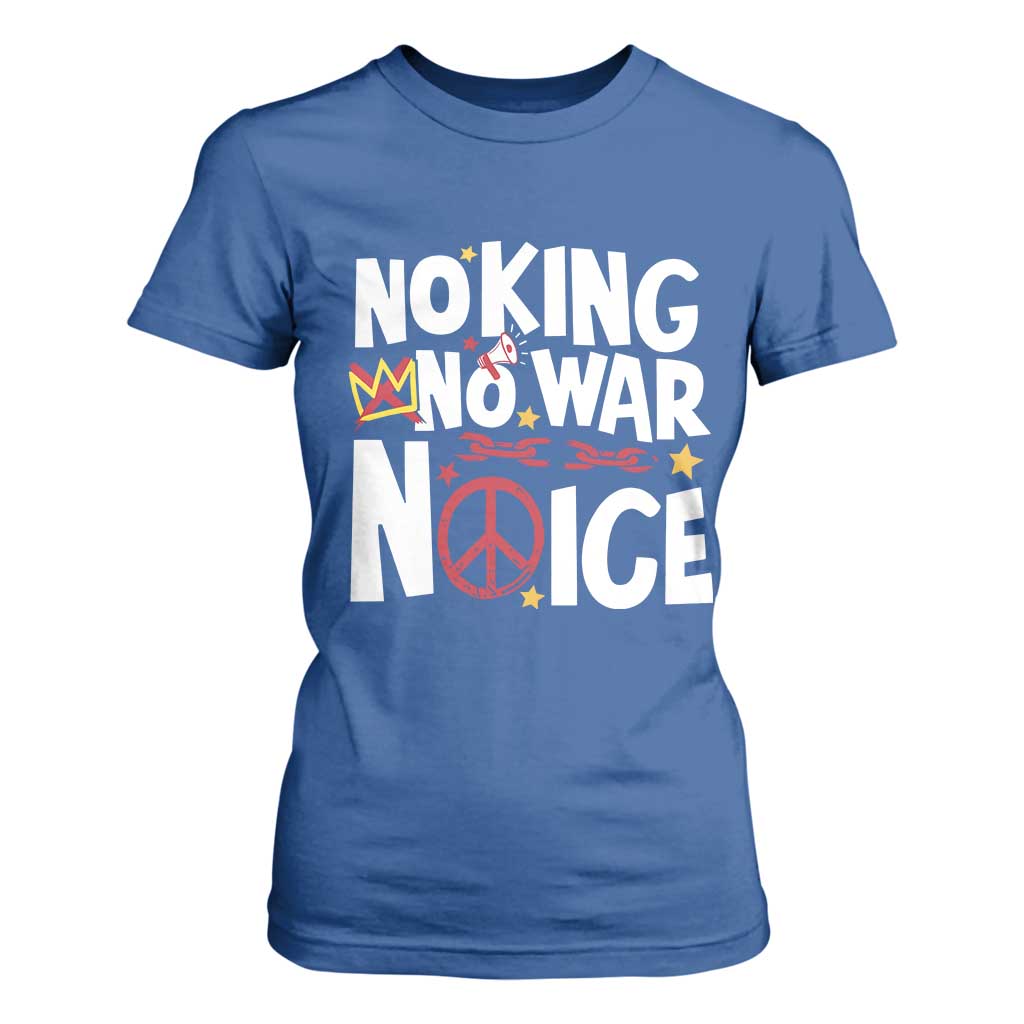 No Kings No Wars No Ice Bold Typography T Shirt For Women Peace Symbol Anti War Activist Human Rights TS02 Royal Blue Print Your Wear