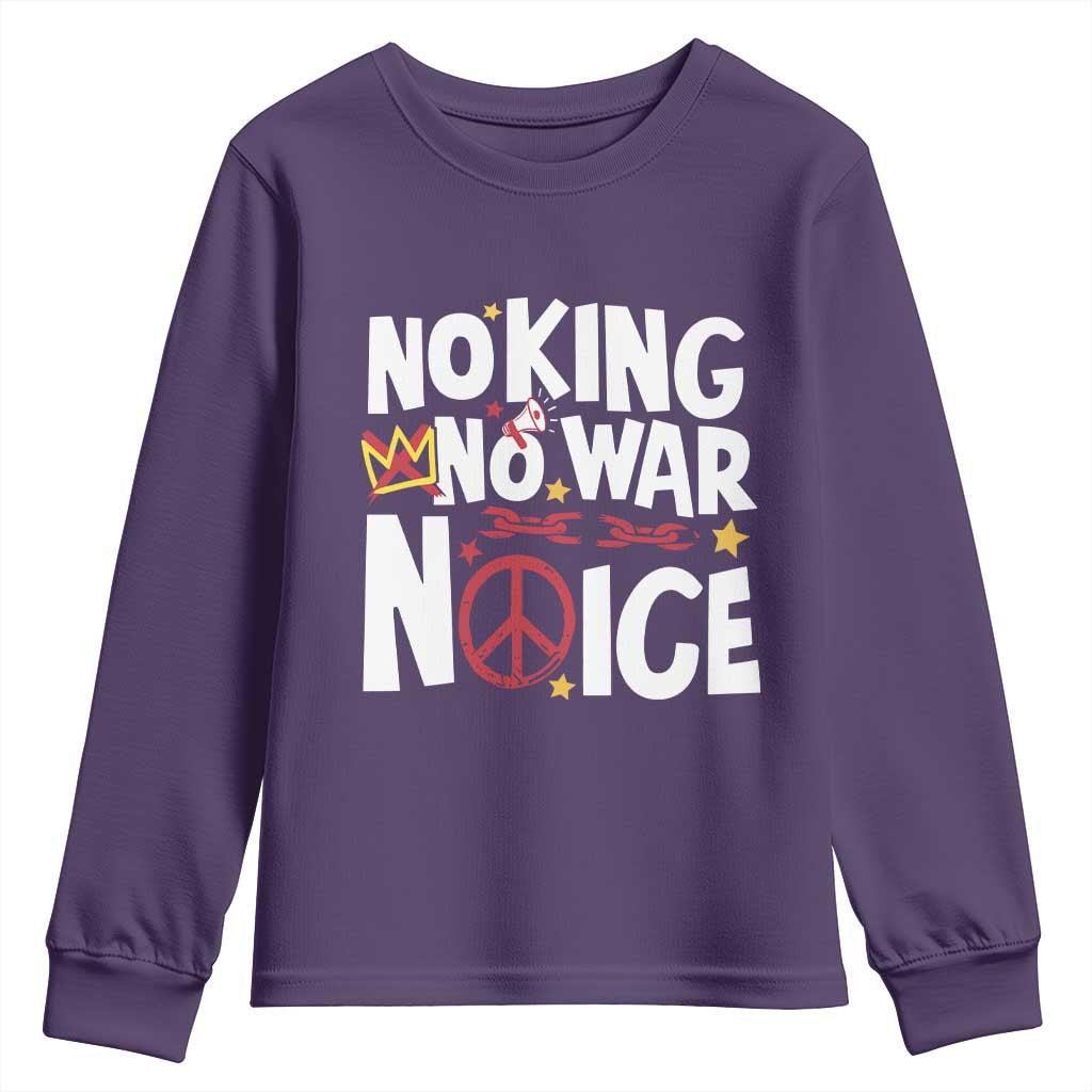 No Kings No Wars No Ice Bold Typography Youth Sweatshirt Peace Symbol Anti War Activist Human Rights TS02 Purple Print Your Wear