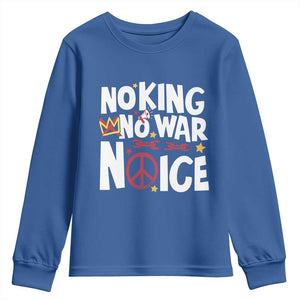 No Kings No Wars No Ice Bold Typography Youth Sweatshirt Peace Symbol Anti War Activist Human Rights TS02 Royal Blue Print Your Wear