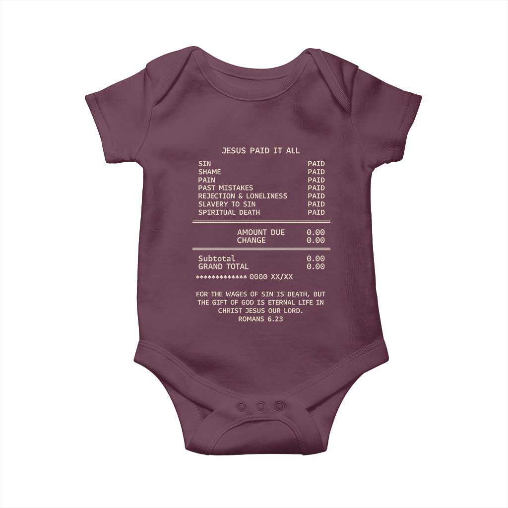 Jesus Paid It All Christian Receipt Baby Onesie Romans 6:23 Faith Message Sin Debt Inspirational Gift TS02 Maroon Print Your Wear