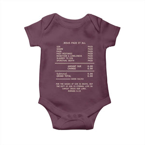 Jesus Paid It All Christian Receipt Baby Onesie Romans 6:23 Faith Message Sin Debt Inspirational Gift TS02 Maroon Print Your Wear