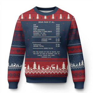 Jesus Paid It All Christian Receipt Ugly Christmas Sweater Romans 6:23 Faith Message Sin Debt Inspirational Gift TS02 Navy Red Print Your Wear