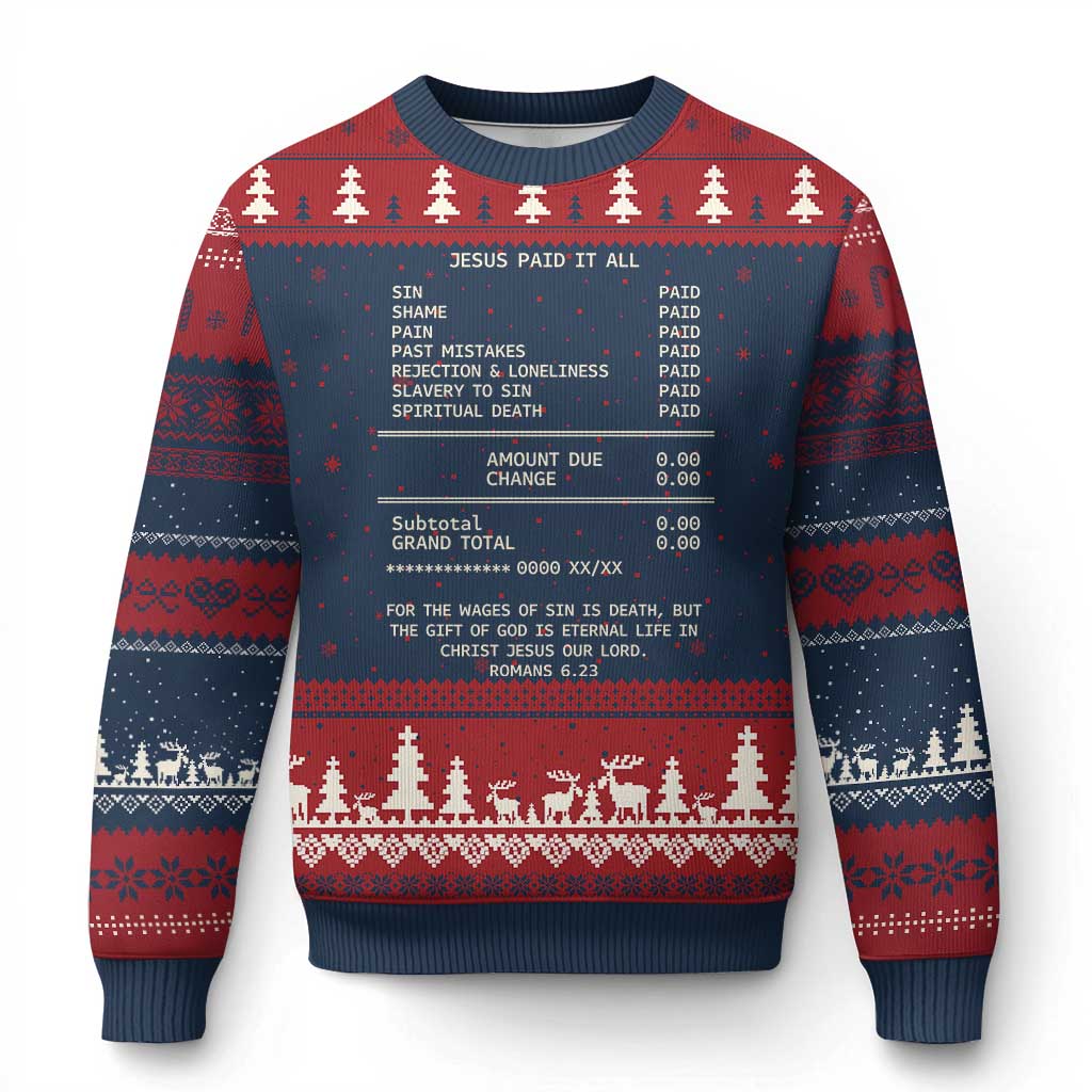 Jesus Paid It All Christian Receipt Ugly Christmas Sweater Romans 6:23 Faith Message Sin Debt Inspirational Gift TS02 Navy Red Print Your Wear