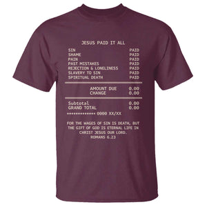 Jesus Paid It All Christian Receipt T Shirt Romans 6:23 Faith Message Sin Debt Inspirational Gift TS02 Maroon Print Your Wear