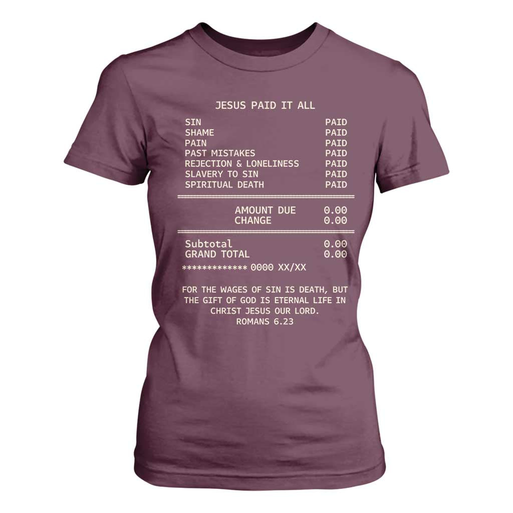 Jesus Paid It All Christian Receipt T Shirt For Women Romans 6:23 Faith Message Sin Debt Inspirational Gift TS02 Maroon Print Your Wear
