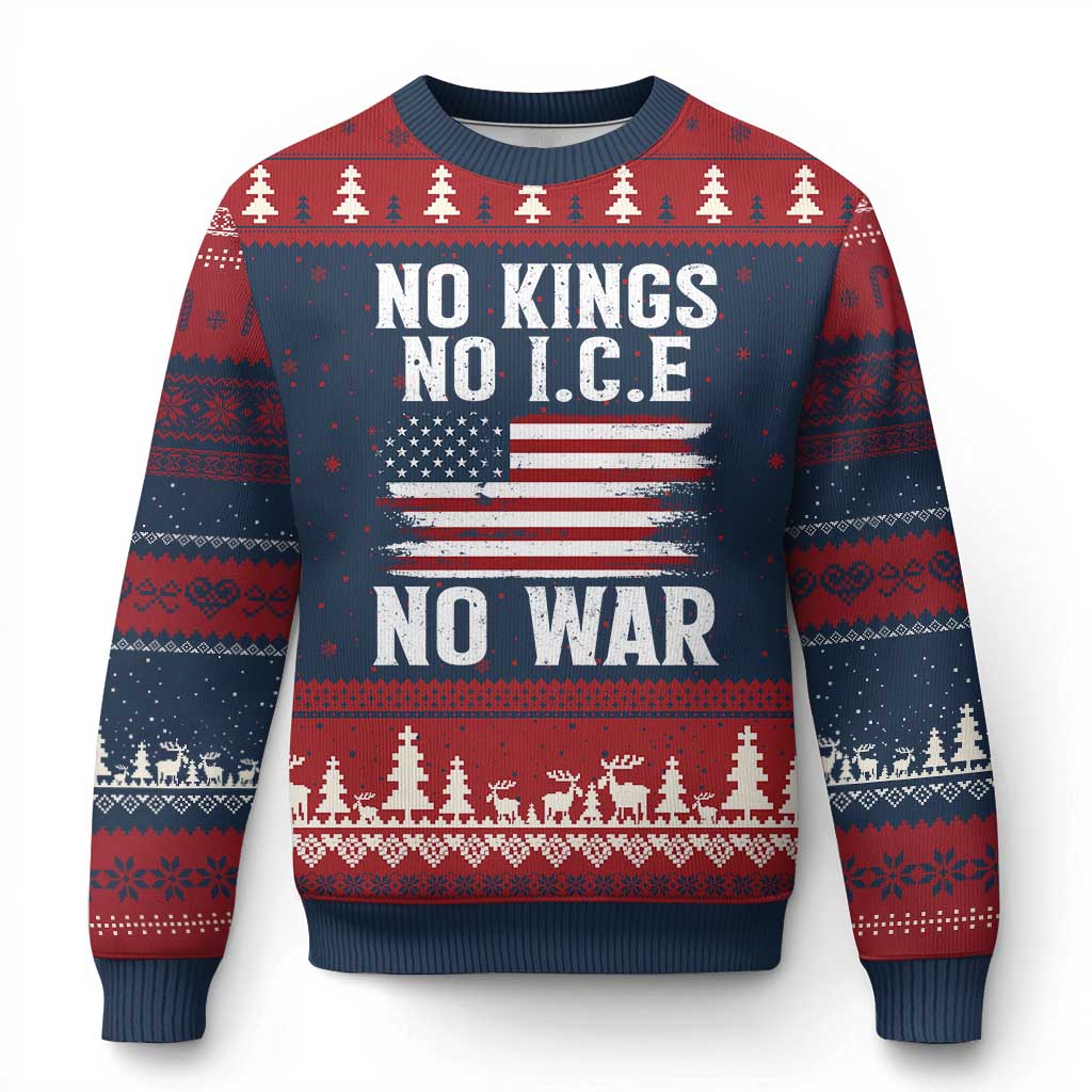 No Wars No Ice No Kings American Flag Ugly Christmas Sweater Patriotic Protest Anti War Human Rights TS02 Navy Red Print Your Wear