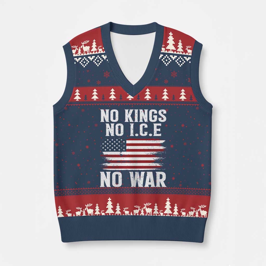 No Wars No Ice No Kings American Flag V-Neck Knit Sweater Vest Patriotic Protest Anti War Human Rights TS02 Navy Red Print Your Wear