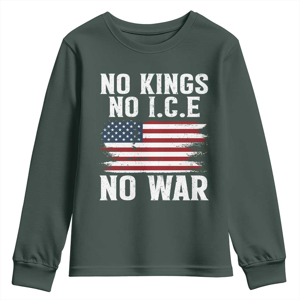 No Wars No Ice No Kings American Flag Youth Sweatshirt Patriotic Protest Anti War Human Rights TS02 Dark Forest Green Print Your Wear