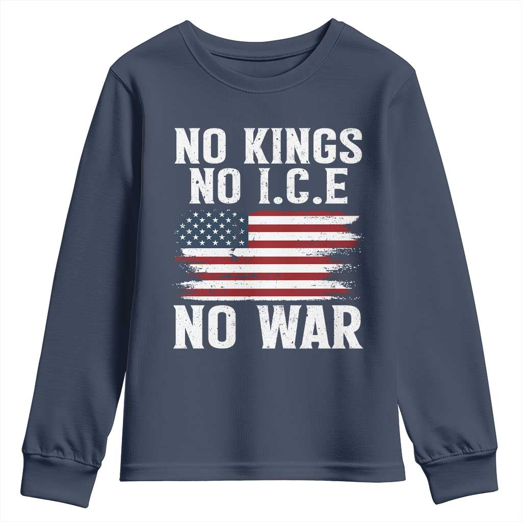 No Wars No Ice No Kings American Flag Youth Sweatshirt Patriotic Protest Anti War Human Rights TS02 Navy Print Your Wear