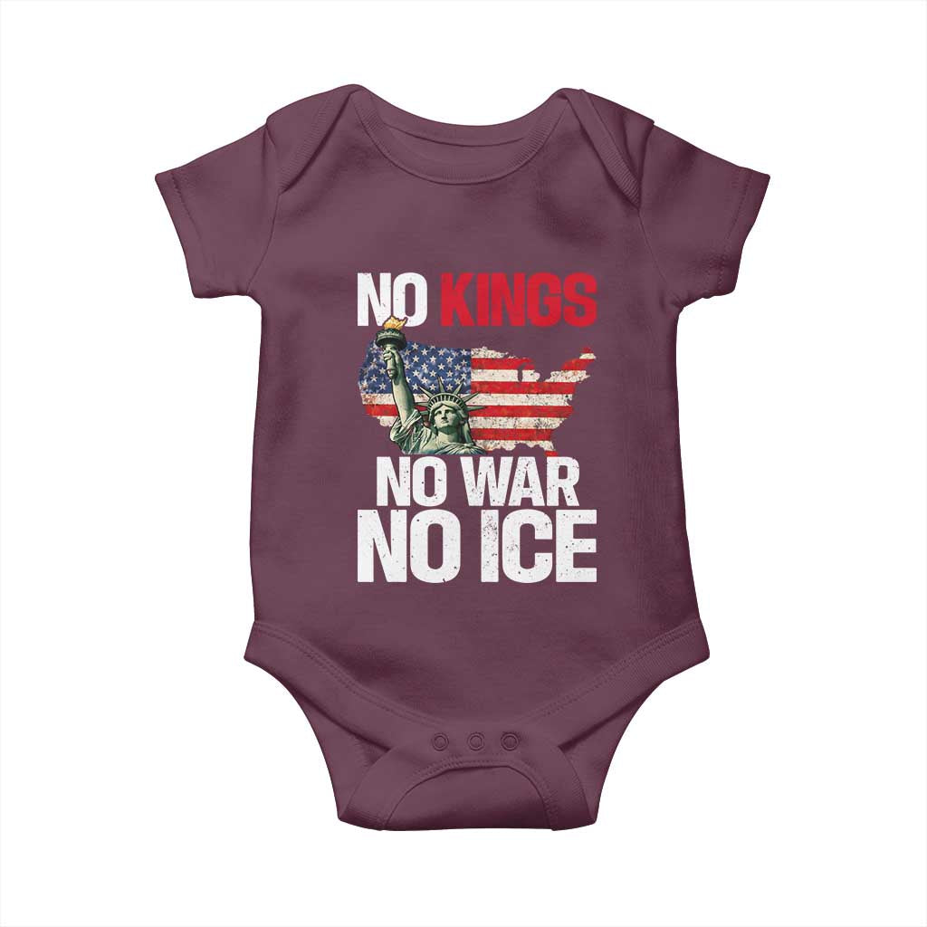 No Kings No Wars No Ice Statue of Liberty Baby Onesie American Flag Patriotic Protest Freedom Democracy TS02 Maroon Print Your Wear