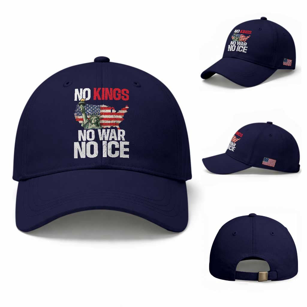 No Kings No Wars No Ice Statue of Liberty Baseball Cap American Flag Patriotic Protest Freedom Democracy TS02 Baseball Cap Universal Fit Dark Blue Print Your Wear