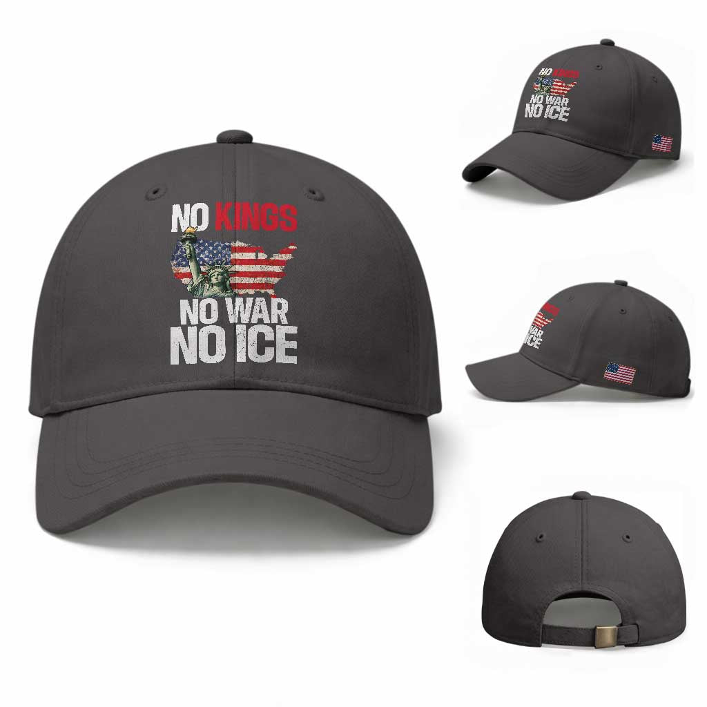 No Kings No Wars No Ice Statue of Liberty Baseball Cap American Flag Patriotic Protest Freedom Democracy TS02 Baseball Cap Universal Fit Dark Gray Print Your Wear