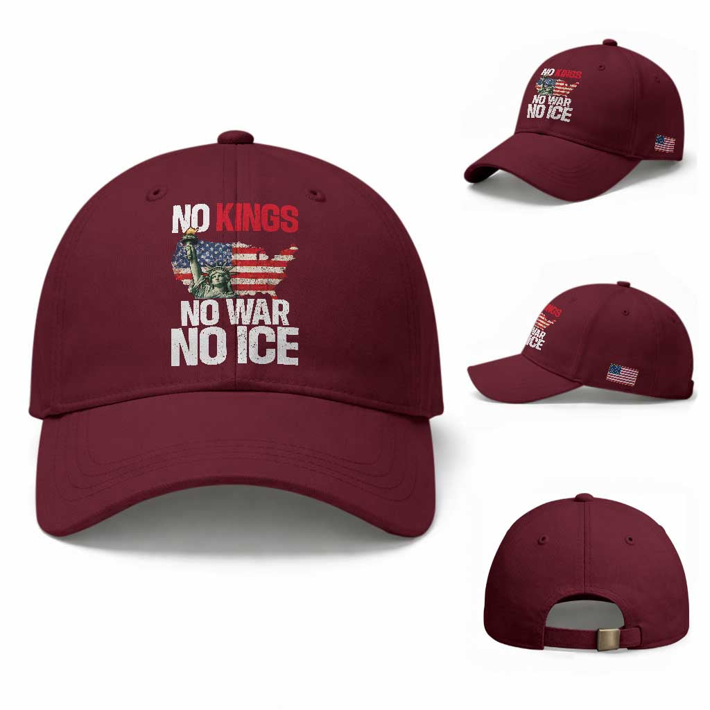 No Kings No Wars No Ice Statue of Liberty Baseball Cap American Flag Patriotic Protest Freedom Democracy TS02 Baseball Cap Universal Fit Maroon Print Your Wear
