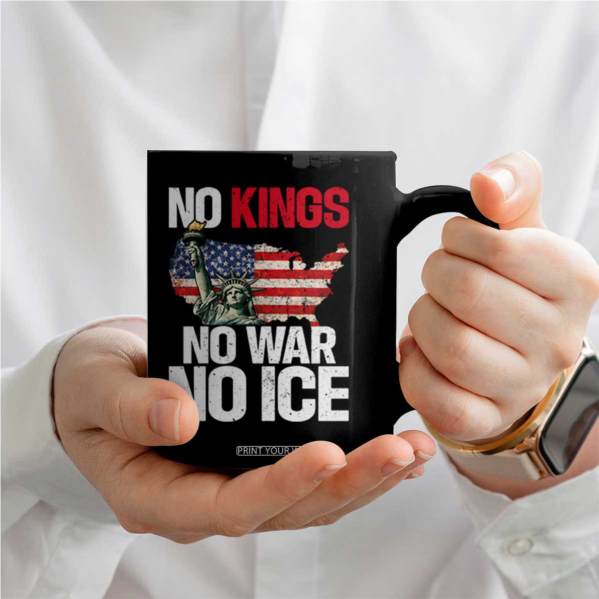 No Kings No Wars No Ice Statue of Liberty Coffee Mug American Flag Patriotic Protest Freedom Democracy TS02 Print Your Wear