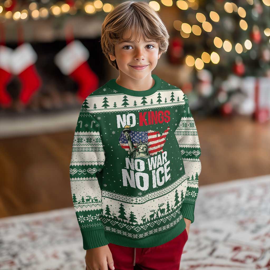 No Kings No Wars No Ice Statue of Liberty Ugly Christmas Sweater American Flag Patriotic Protest Freedom Democracy TS02 Forest Green Beige Print Your Wear