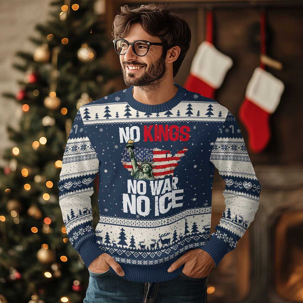 No Kings No Wars No Ice Statue of Liberty Ugly Christmas Sweater American Flag Patriotic Protest Freedom Democracy TS02 Navy Beige Print Your Wear