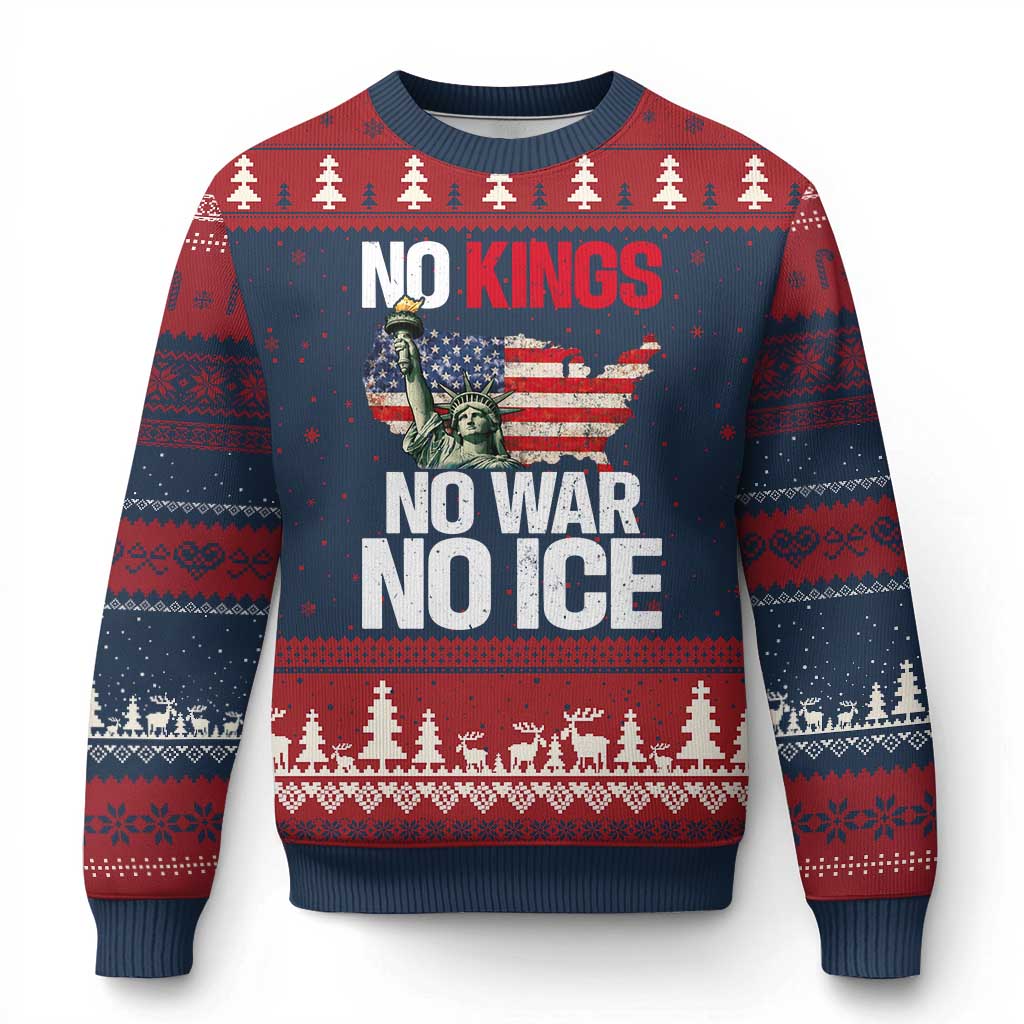 No Kings No Wars No Ice Statue of Liberty Ugly Christmas Sweater American Flag Patriotic Protest Freedom Democracy TS02 Navy Red Print Your Wear