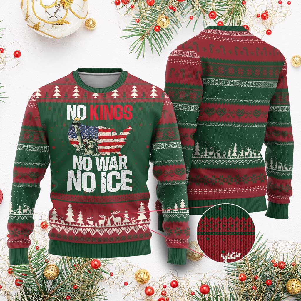 No Kings No Wars No Ice Statue of Liberty Ugly Christmas Sweater American Flag Patriotic Protest Freedom Democracy TS02 Red Green Print Your Wear