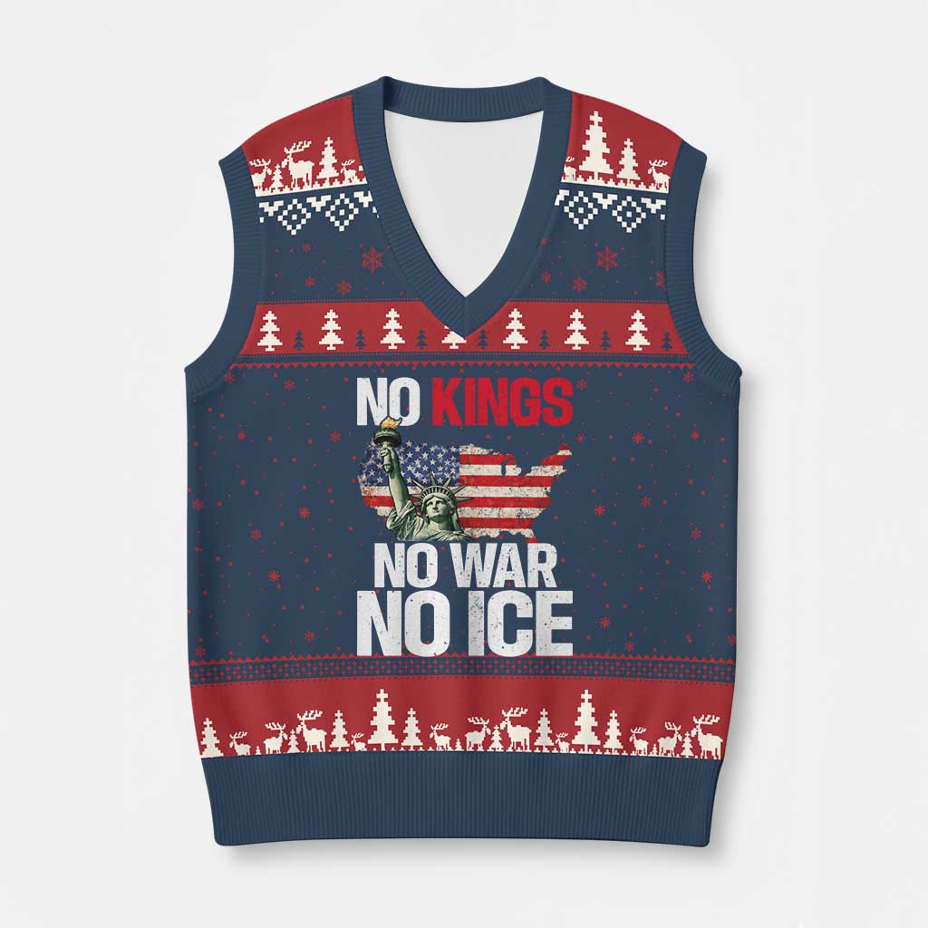 No Kings No Wars No Ice Statue of Liberty V-Neck Knit Sweater Vest American Flag Patriotic Protest Freedom Democracy TS02 Navy Red Print Your Wear