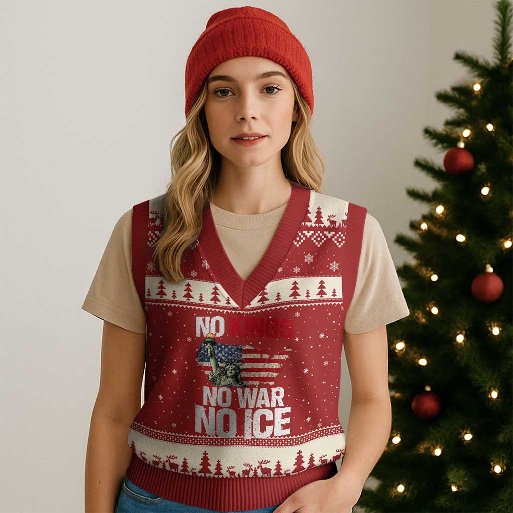 No Kings No Wars No Ice Statue of Liberty V-Neck Knit Sweater Vest American Flag Patriotic Protest Freedom Democracy TS02 Red Beige Print Your Wear