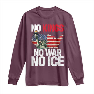 No Kings No Wars No Ice Statue of Liberty Long Sleeve Shirt American Flag Patriotic Protest Freedom Democracy TS02 Maroon Print Your Wear