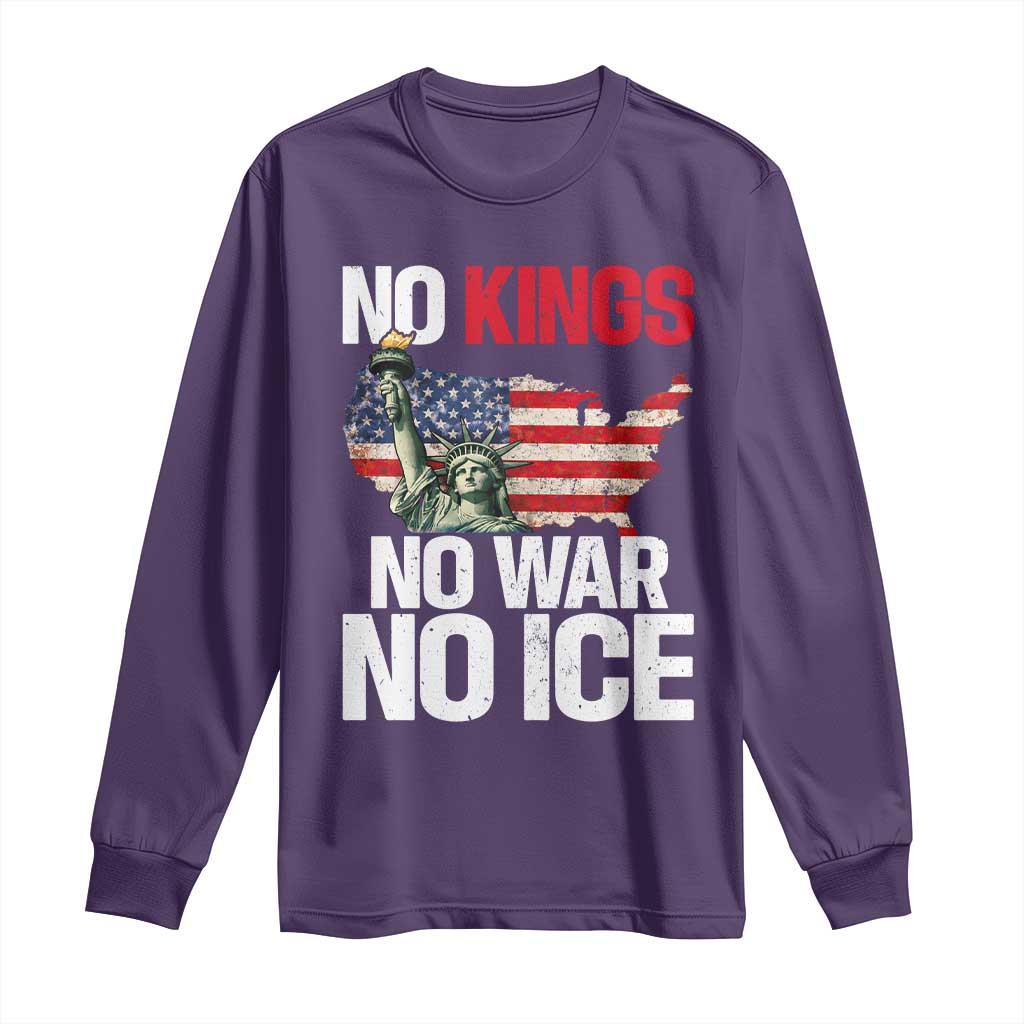 No Kings No Wars No Ice Statue of Liberty Long Sleeve Shirt American Flag Patriotic Protest Freedom Democracy TS02 Purple Print Your Wear