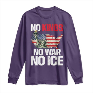 No Kings No Wars No Ice Statue of Liberty Long Sleeve Shirt American Flag Patriotic Protest Freedom Democracy TS02 Purple Print Your Wear