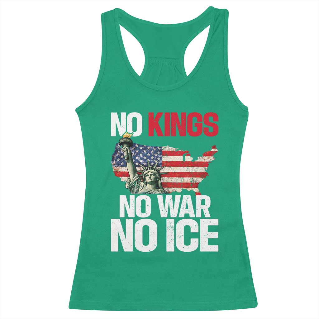 No Kings No Wars No Ice Statue of Liberty Racerback Tank Top American Flag Patriotic Protest Freedom Democracy TS02 Irish Green Print Your Wear