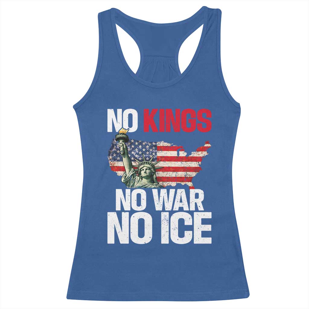 No Kings No Wars No Ice Statue of Liberty Racerback Tank Top American Flag Patriotic Protest Freedom Democracy TS02 Royal Blue Print Your Wear