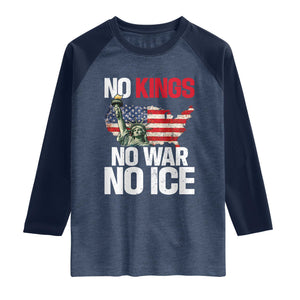 No Kings No Wars No Ice Statue of Liberty Raglan Shirt American Flag Patriotic Protest Freedom Democracy TS02 Heather Denim Navy Print Your Wear