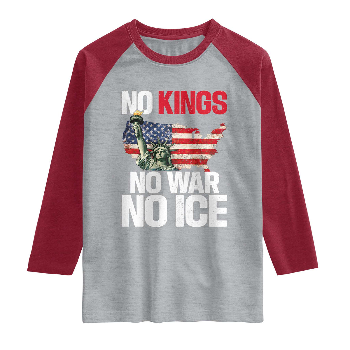 No Kings No Wars No Ice Statue of Liberty Raglan Shirt American Flag Patriotic Protest Freedom Democracy TS02 Heather Gray Heather Red Print Your Wear