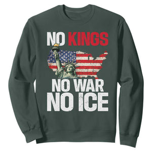 No Kings No Wars No Ice Statue of Liberty Sweatshirt American Flag Patriotic Protest Freedom Democracy TS02 Dark Forest Green Print Your Wear