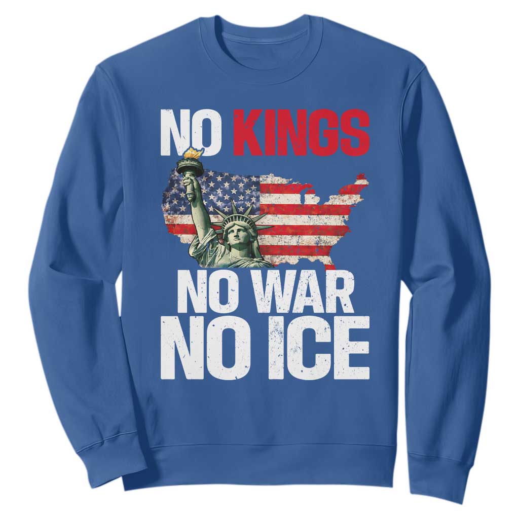 No Kings No Wars No Ice Statue of Liberty Sweatshirt American Flag Patriotic Protest Freedom Democracy TS02 Royal Blue Print Your Wear