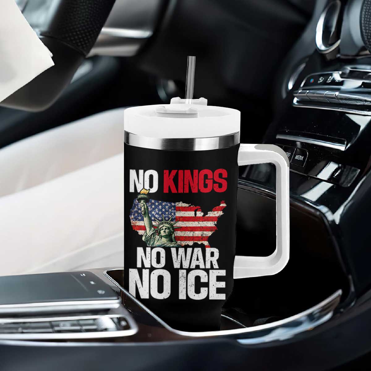 No Kings No Wars No Ice Statue of Liberty Tumbler With Handle American Flag Patriotic Protest Freedom Democracy TS02 Print Your Wear