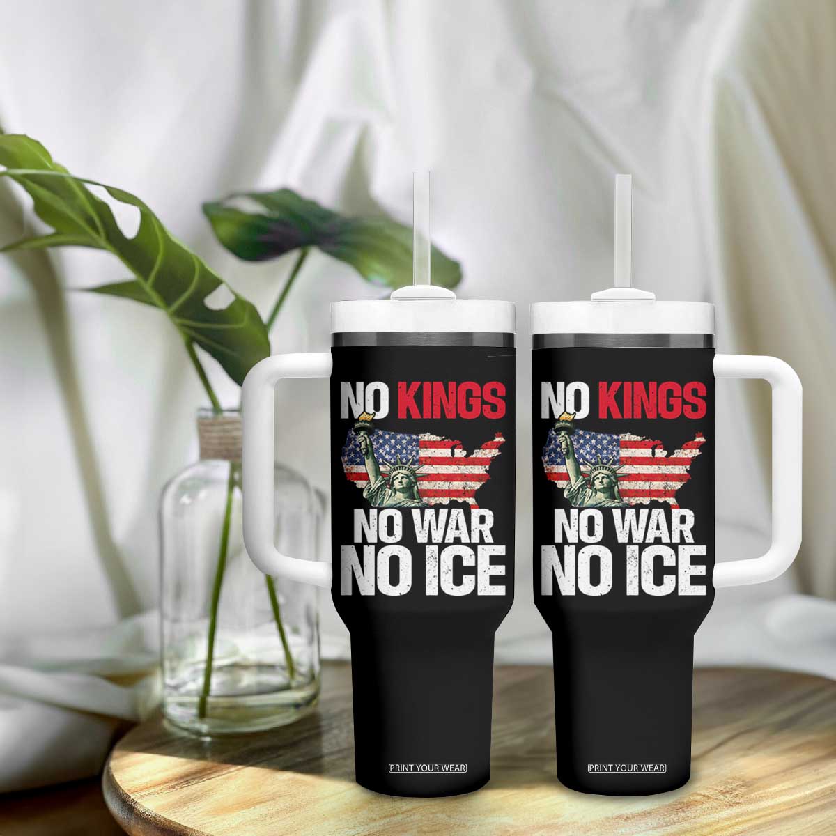 No Kings No Wars No Ice Statue of Liberty Tumbler With Handle American Flag Patriotic Protest Freedom Democracy TS02 Print Your Wear