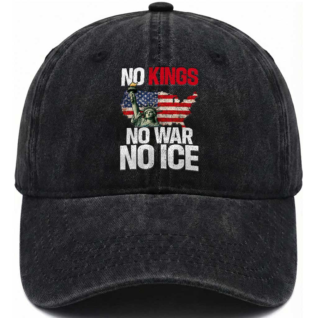 No Kings No Wars No Ice Statue of Liberty Washed Cotton Baseball Cap American Flag Patriotic Protest Freedom Democracy TS02 Print Your Wear