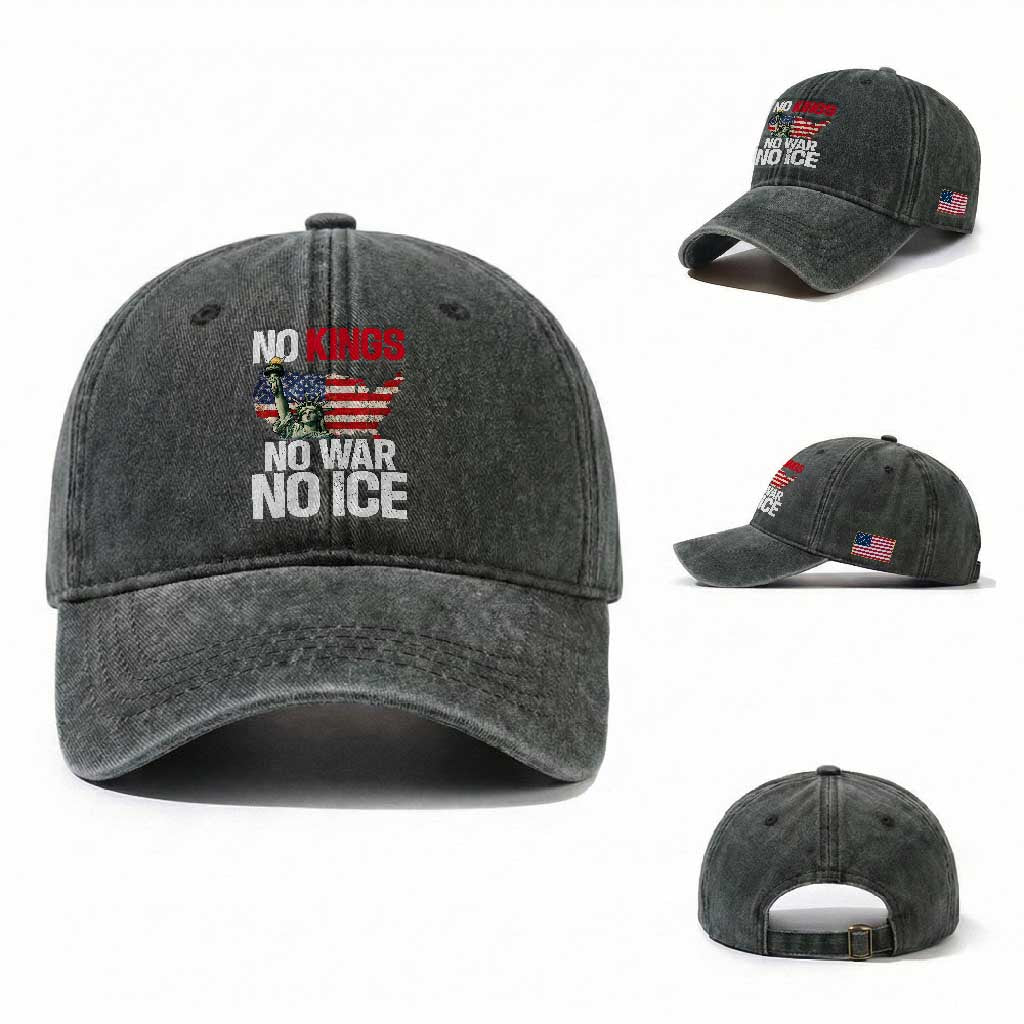 No Kings No Wars No Ice Statue of Liberty Washed Cotton Baseball Cap American Flag Patriotic Protest Freedom Democracy TS02 Washed Cap Universal Fit Dark Green Print Your Wear