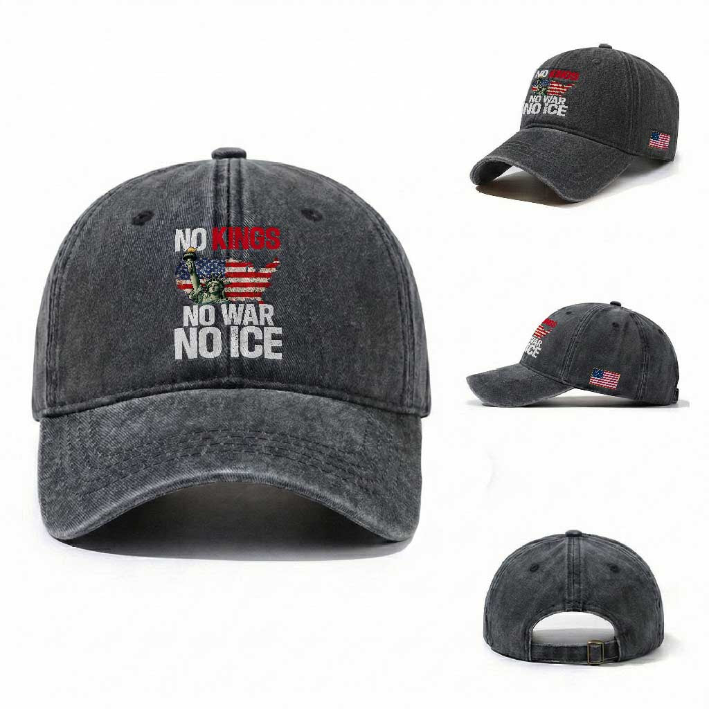 No Kings No Wars No Ice Statue of Liberty Washed Cotton Baseball Cap American Flag Patriotic Protest Freedom Democracy TS02 Washed Cap Universal Fit Dark Gray Print Your Wear