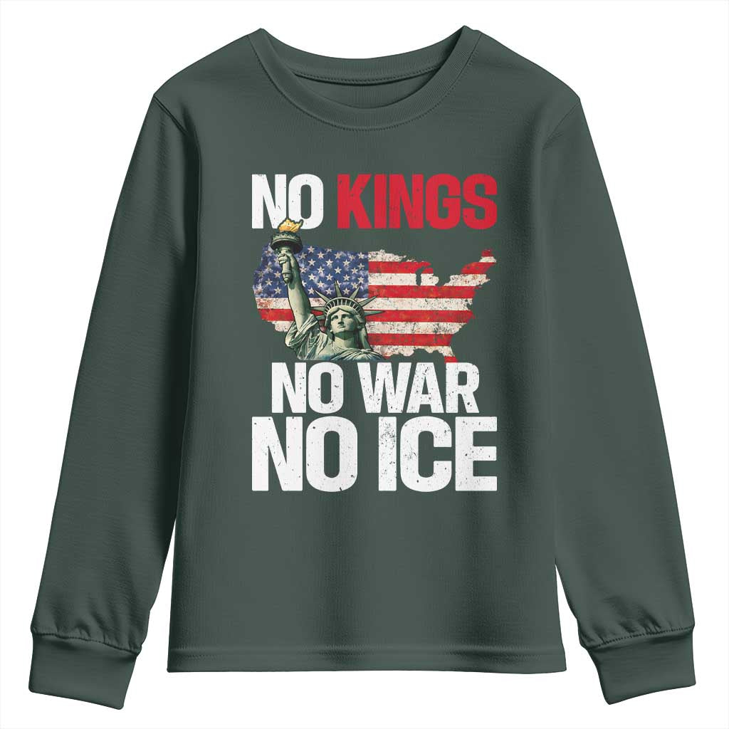 No Kings No Wars No Ice Statue of Liberty Youth Sweatshirt American Flag Patriotic Protest Freedom Democracy TS02 Dark Forest Green Print Your Wear