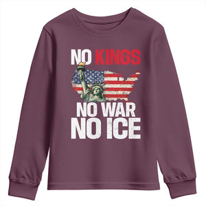 No Kings No Wars No Ice Statue of Liberty Youth Sweatshirt American Flag Patriotic Protest Freedom Democracy TS02 Maroon Print Your Wear